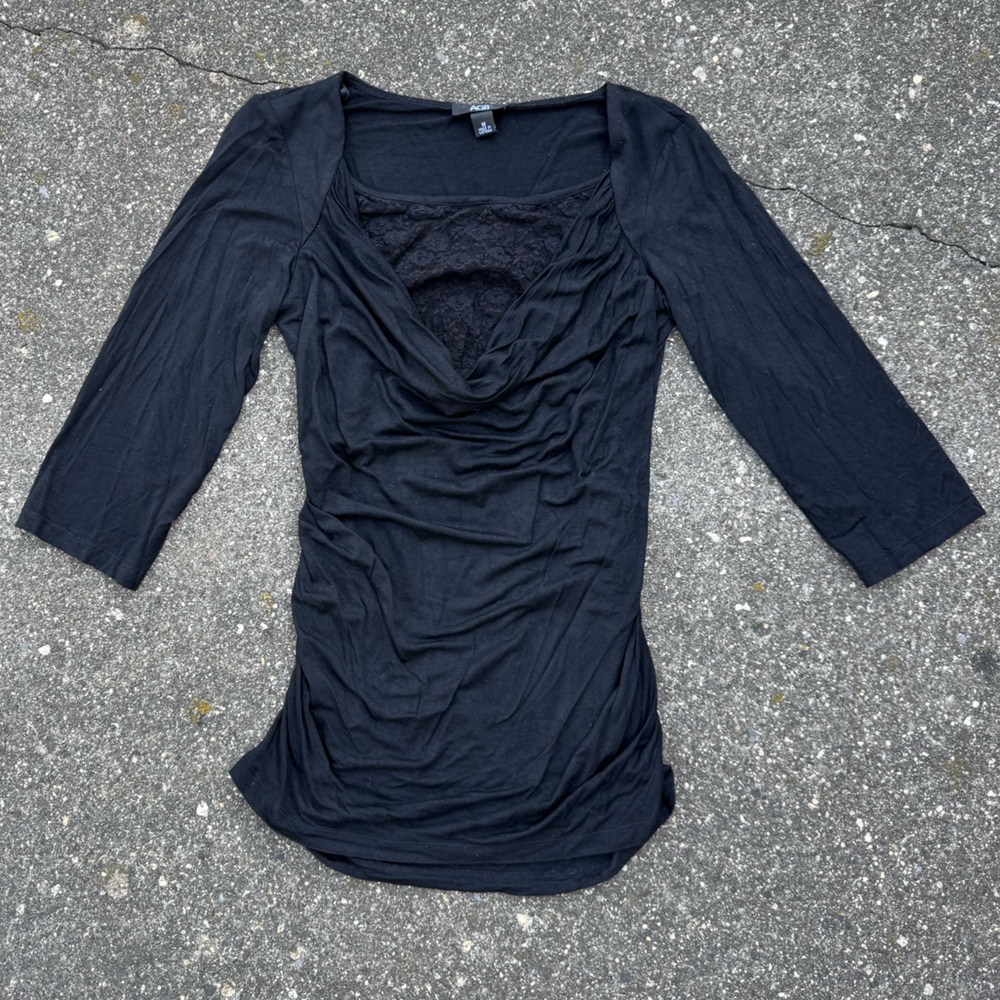 AGB Black Bodycon Long Sleeve Double Lace Layer Scoop Neck Top Size Medium